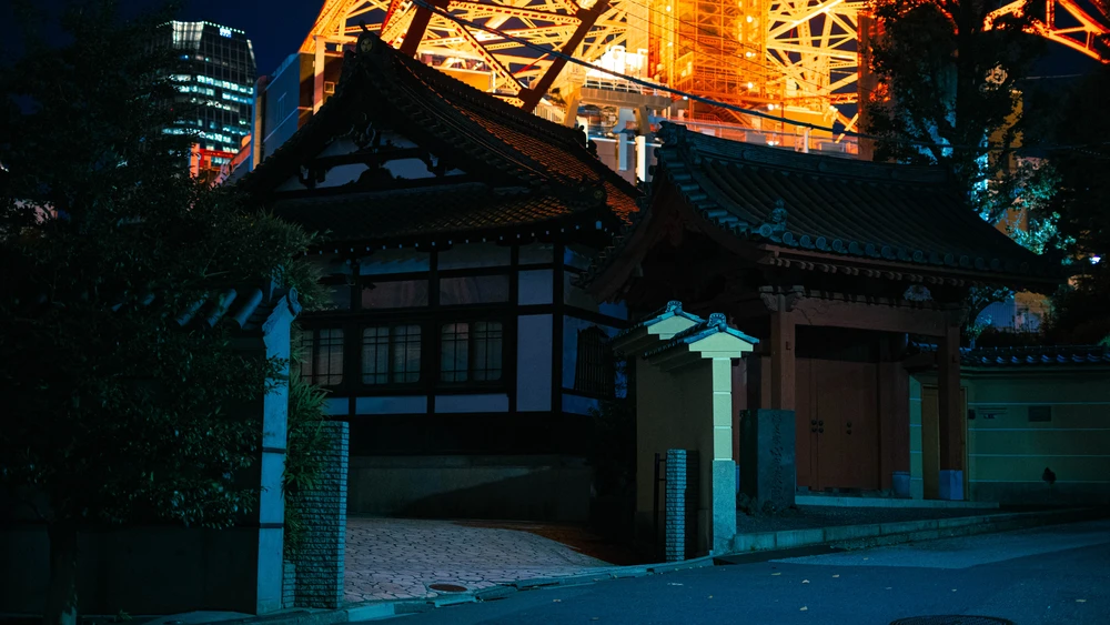 Traditional Japanese house in front of Tokyo Tower, Japan